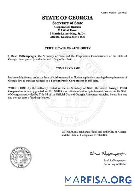 Realistic USA Georgia certificate of authority Word and PDF template